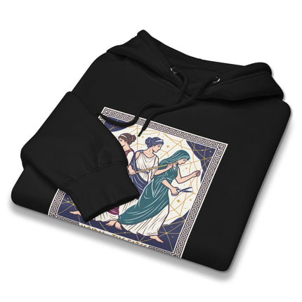Graphic hoodie featuring the Moirai Fates goddesses from Greek mythology, symbolizing destiny and fate.