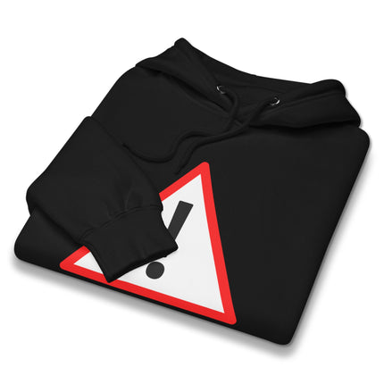 Red warning sign exclamation mark graphic on black pullover hoodie.