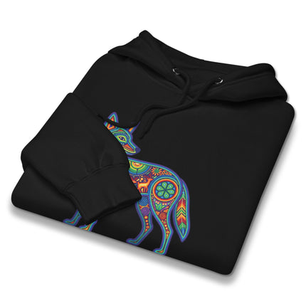 Colorful Huichol coyote artwork on an Indigenous Mexican folk art pullover hoodie.