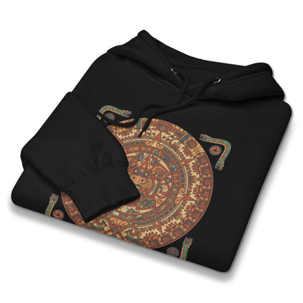 Mayan Calendar pattern on a pullover hoodie, featuring ancient Maya civilization artwork.