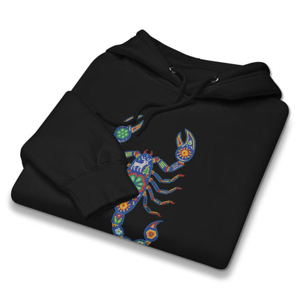 Vibrant Huichol scorpion art pullover hoodie featuring traditional Mexican folk designs.