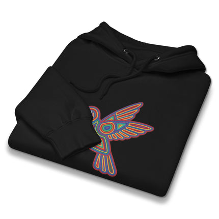 Indigenous Huichol style hummingbird symbol artwork on a vibrant pullover hoodie.