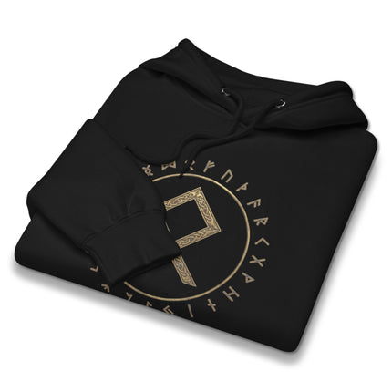 Gold Othala Rune circle graphic on a unisex pullover hoodie with Norse Viking symbol print.