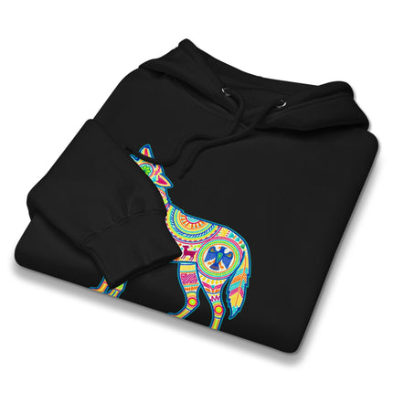 Vibrant Huichol-style wolf graphic hoodie featuring colorful Mexican folk art patterns.