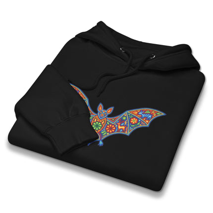 Vibrant Huichol art bat pattern on a Mexican indigenous folk style pullover hoodie.