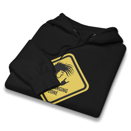 Rock On Metal Hoodie featuring a headbanging zone warning sign graphic print.