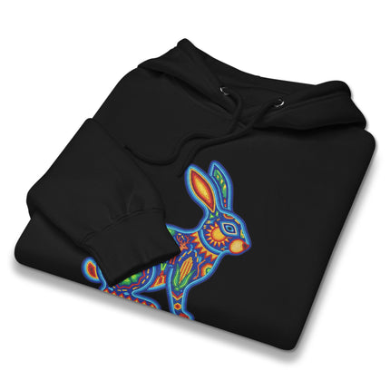 Colorful Huichol rabbit pattern pullover hoodie featuring vibrant Mexican folk art designs.