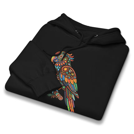 Bohemian mandala parrot art on a huichol spirit animal print hoodie design.