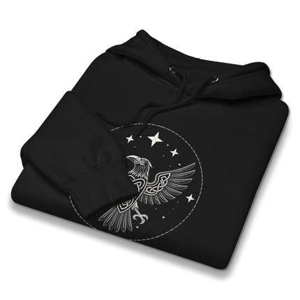 Norse raven and spread wings design on a viking knotwork pullover hoodie.