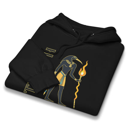 Ancient Egyptian Thoth god pullover hoodie featuring a detailed flaming staff graphic design.