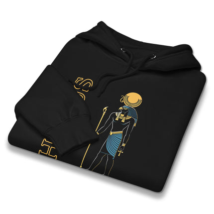 Horus Egyptian god graphic hoodie featuring Ankh and staff symbols on a pullover sweatshirt.