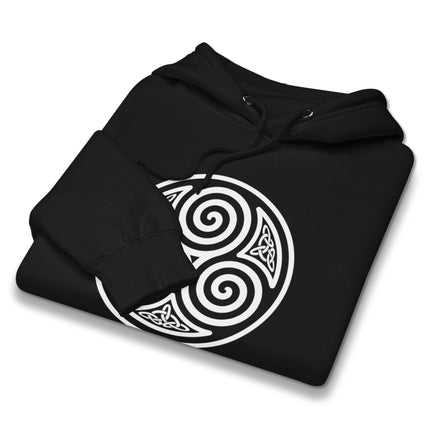 Celtic triskelion knotwork hoodie featuring a triple spiral design.