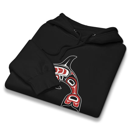 Indigenous orca killer whale art pullover hoodie featuring Pacific Northwest tribal design.
