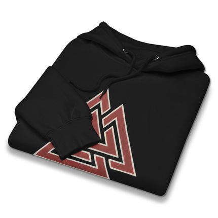 Red Valknut Viking symbol graphic on black pullover hoodie.