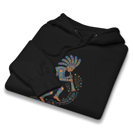 Colorful Kokopelli flute player graphic on a Southwestern Native American art pullover hoodie.