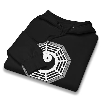 Black hoodie print of Bagua, Yin Yang, and Eight Trigram I Ching symbols.