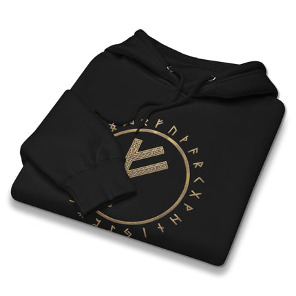 Black hoodie featuring the Fehu Rune Circle, a Norse Viking Elder Futhark symbol pullover design.