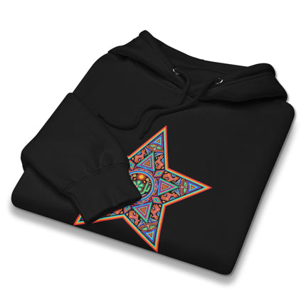 Vibrant Huichol Star geometric art pattern on a pullover fleece hoodie.
