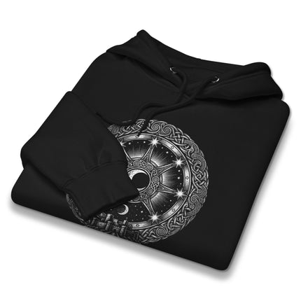 Celtic Mythology hoodie featuring Arianrhod's silver wheel lunar chart and celestial design.