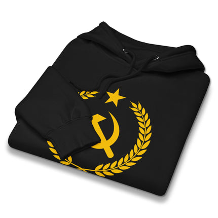 Gold pullover hoodie featuring a communist hammer and sickle laurel wreath design.