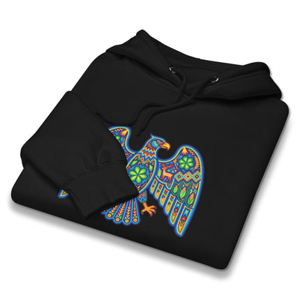 Vibrant Huichol eagle art hoodie featuring colorful indigenous Mexican design print.