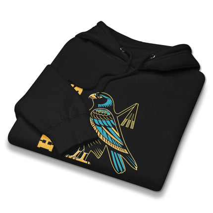 Ancient Egyptian Horus falcon graphic on a unisex mythology pullover hoodie.