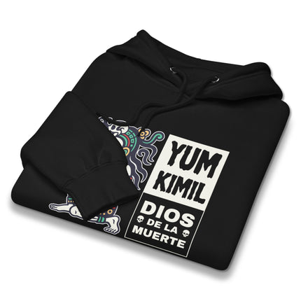 Yum Kimil Mayan Death God skeleton graphic on a pullover hoodie featuring Mesoamerican deity art.