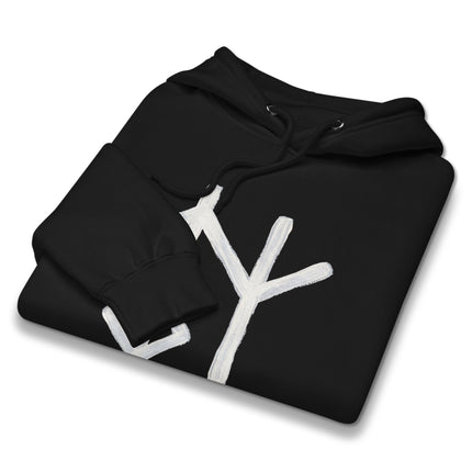 Norse Mythology rune hoodie featuring Galdrastafir symbols and Wisdom Bind runes.