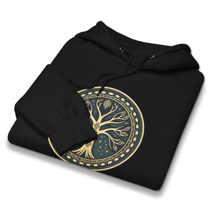 Norse Yggdrasil World Tree graphic hoodie in gold and teal print on unisex fleece pullover.