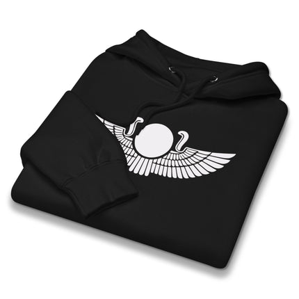 Egyptian winged sun disk graphic on unisex pullover sweatshirt hoodie.