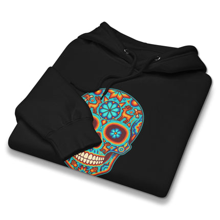 Colorful Huichol sugar skull pullover hoodie featuring Day of the Dead artwork.