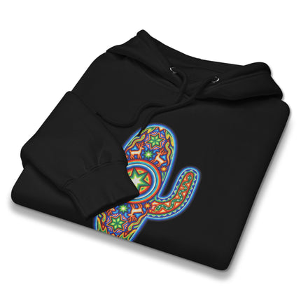 Vibrant Huichol cactus pattern printed on a pullover hoodie, featuring Mexican indigenous artwork.