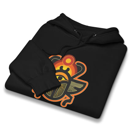 Khepri scarab ancient Egyptian mythology graphic print on a unisex sun hoodie pullover.