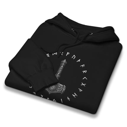 Viking-themed hoodie featuring Mjolnir hammer and intricate Norse runic symbols.