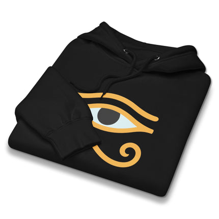 Ancient Egyptian Eye of Horus graphic print on a unisex pullover fleece hoodie.