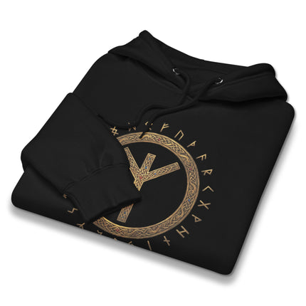 Viking Algiz rune circle hoodie featuring Norse Elder Futhark protection symbols.