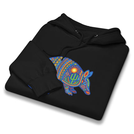 Colorful Huichol art armadillo hoodie featuring Mexican tribal motifs of sun, cactus, and folk designs.