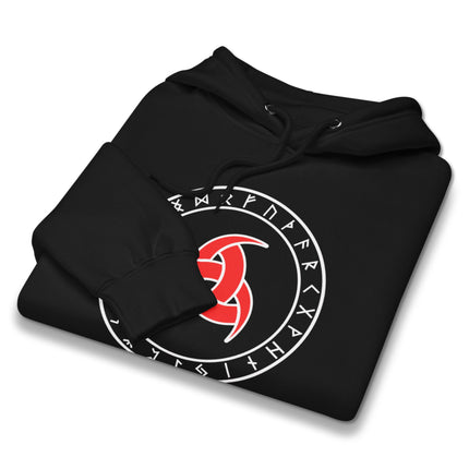 Viking graphic hoodie featuring Odin's horns and detailed Norse runes print.