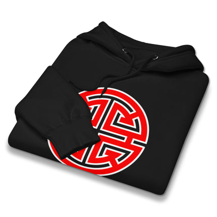 Pullover fleece hoodie featuring a vibrant Chinese red Lu prosperity symbol graphic print.