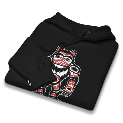 Pacific Northwest tribal formline art hoodie featuring a sasquatch design print.