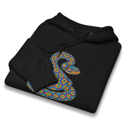 Huichol rattlesnake pattern pullover hoodie featuring colorful geometric folk art designs.