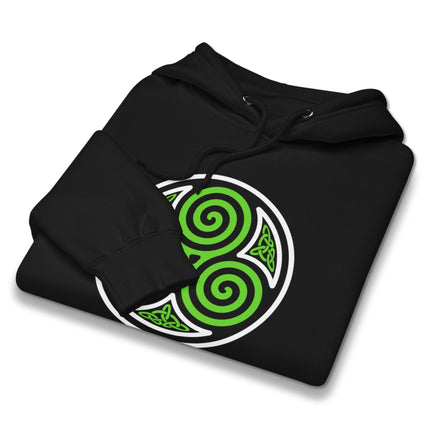 Green Celtic Triskelion triple spiral graphic on unisex fleece hoodie.