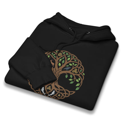 Celtic Tree of Life graphic hoodie featuring a green and grey World Tree design.