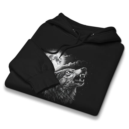 Howling wolf and full moon night sky graphic print on a cozy pullover hoodie.