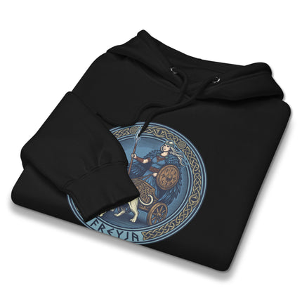 Viking mythology hoodie featuring Freyja Norse Goddess chariot design with dogs print.
