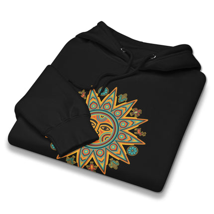 Colorful Huichol Sun Hoodie featuring indigenous Mexican art graphics on a fleece pullover.