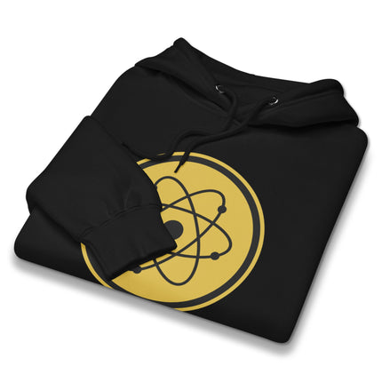 Science geek pullover hoodie featuring an atomic model print and physics science symbols design.