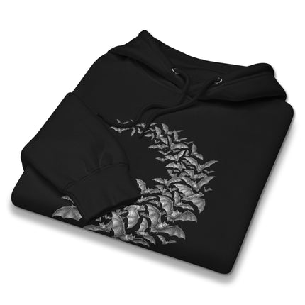 Gothic bat swarm circle graphic on black pullover hoodie, featuring detailed animal prints.