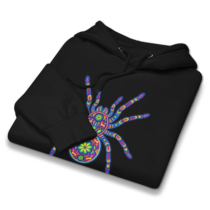 Vibrant Huichol tarantula folk art print on a pullover hoodie.