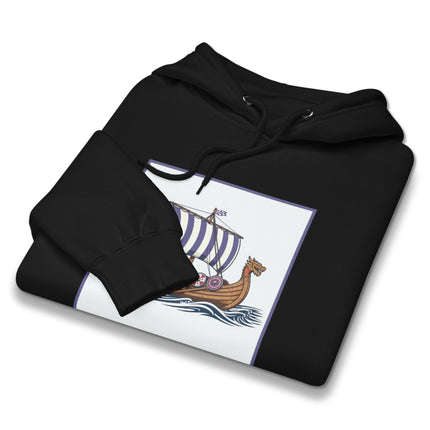 Viking longship hoodie featuring Norse ship art, striped sail design, and warrior shields graphic.